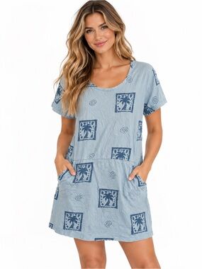 Red Ginger Vintage Light Blue Patterned Midi Dress Size Large